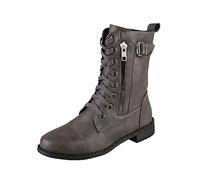 PAIDAXING Stivali da combattimento da donna UK tacco grosso metà polpaccio stivali in pelle con cerniera laterale fibbia moda donna stile moto stivaletti casual outdoor autunno inverno scarpe, Grigio