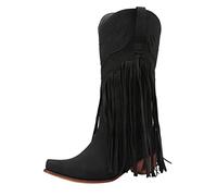 PAIDAXING Stivali da cowboy da donna, stile retrò, occidentale, in pelle scamosciata, a metà polpaccio, con frangia a punta, tacco grosso, stivali larghi al polpaccio, scarpe da donna per autunno