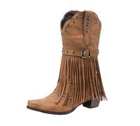 PAIDAXING Stivali da cowboy da donna UK a metà polpaccio basso tacco grosso stivali da equitazione western con fibbia nappa retrò da donna con zip laterale stivaletti alla caviglia in pelle