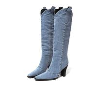 PAIDAXING Stivali da Cowboy per le Donne Denim Mid High Kitten Tacco Boot Slip On Ginocchio Punta Piazza Stivali Alti Retro Moda Inverno Autunno Scarpe per le Signore, Blu, 38 EU