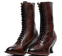 PAIDAXING Stivali da donna con lacci, lunghezza al polpaccio, stivali vittoriani da donna, in pelle, tacco Louis, stivaletti vintage da donna, stile steampunk gotico, Marrone, 38 EU