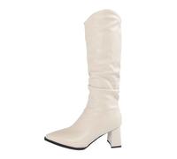 PAIDAXING Stivali da donna in pelle a metà polpaccio, a punta, tacco spesso impilato, pieghevoli, senza lacci, per abiti casual, da donna, con polsino elastico, comode scarpe invernali alla moda