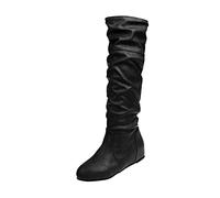 PAIDAXING Stivali da donna in pelle plissettata al ginocchio casual slip on ampio polpaccio suola piatta stivali vintage per donna autunno inverno calzature da donna retrò tinta unita PU stivali, Nero