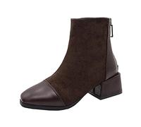 PAIDAXING Stivali da donna in pelle scamosciata con cerniera alla caviglia stivali da donna alla moda con tacco medio stivaletti alla moda inverno autunno scarpe a punta quadrata, Marrone, 39.5 EU