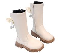 PAIDAXING Stivali invernali da bambina, al ginocchio, foderati in finta pelliccia, caldi, antiscivolo, con cerniera laterale, con fiocco, per bambini, bianco, 30 EU