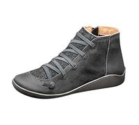 PAIDAXING Stivali vintage da donna con lacci, punta tonda, in pelle, con cerniera laterale, casual, tacco basso, comodi, suola morbida, stivaletti alla caviglia per passeggiate e lavoro, A 1 Grigio,