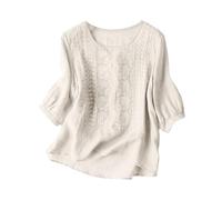 PAIDAXING Top Boho per Donne UK in Cotone e Lino con Ricamo in Pizzo, Camicette Contadine Estive a 3/4 Maniche Corte, Camicie Bohemian in Chiffon, Top Eleganti Casual a Vestibilità Larga per Lavoro in
