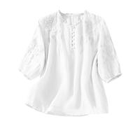 PAIDAXING Top Boho per Donne UK in Cotone e Lino con Ricamo in Pizzo, Camicette Contadine Estive a 3/4 Maniche Corte, Camicie Bohemian in Chiffon, Top Eleganti Casual a Vestibilità Larga per Lavoro in