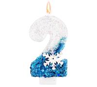 Paillettes Fiocco di Neve Candele Numeriche di Compleanno, Glitter Blu Bianco Candela Compleanno Numerica Topper per Torta Neve Decorazione per Feste Compleanno Invernali Forniture (Numero 2)