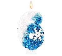 Paillettes Fiocco di Neve Candele Numeriche di Compleanno, Glitter Blu Bianco Candela Compleanno Numerica Topper per Torta Neve Decorazione per Feste Compleanno Invernali Forniture (Numero 6)