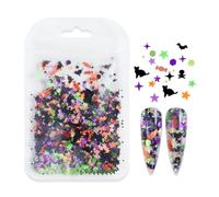 Paillettes per manicure in PET con vari motivi multicolori | Gatti, pipistrelli e stelle, temi misti Halloween esagoni, forme multicolori riflettenti, look manicure vari