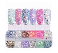Paillettes per Unghie, 1 scatole / 12 griglie a forma di cuore, stelle, paillettes per nail art con glitter olografici lunari, fiocchi di nail art per nail art e artigianato, forniture per nail Art