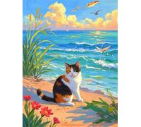 Paint by Number for Adult,Cat Sea Clouds DIY Oil Painting Kits on Canvas for Beginner,with Brushes and Acrylic Pigment,Paint by Numbers Arts and Crafts Kit for Home Decor Without Frame,40x50cm