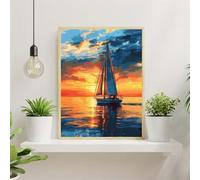 Paint by Numbers Barca a vela al tramonto,DIY Paesaggio marino paint by numbers Kits for Adult with Acrylic Pigment and Brushes,Canvas Oil Painting Art Craft for Home Decor 50x65cm(con Cornice)