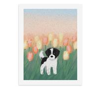 Paint by Numbers Un simpatico cane bianco nero in piedi in un campo di tulipani colorati Kit per pittura digitale per adulti Crea la tua scena magica forniture artistiche senza cornice 40 x 50 cm