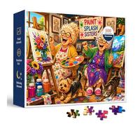 Paint Splash Sisters - Puzzle da 500 pezzi per adulti, scena artistica colorata con nonne che ridono, pittura floreale, tela di montagna, barattoli di vernice, animali domestici e allegro dettaglio