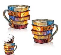 Painted Book Mug, Book Coffee Cup Stained Glass, Handmade Glass 3d Stacked Books Coffee Mug, for Books Lovers, Readers, Writers, Librarians (2Pcs*A)