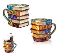 Painted Book Mug, Book Coffee Cup Stained Glass, Handmade Glass 3d Stacked Books Coffee Mug, for Books Lovers, Readers, Writers, Librarians (Style A+B)
