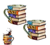 Painted Book Mug, Book Coffee Cup Stained Glass, Handmade Glass 3d Stacked Books Coffee Mug, for Books Lovers, Readers, Writers, Librarians (2Pcs*B)