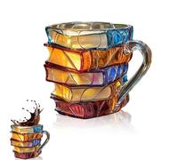 Painted Book Mug, Book Coffee Cup Stained Glass, Handmade Glass 3d Stacked Books Coffee Mug, for Books Lovers, Readers, Writers, Librarians (Style A)