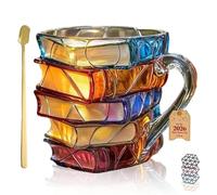 Painted Book Mug Novelty Coffee Mugs,3D Handcrafted Painted Book Mug,Novelty Stained Glass Stacked Books Coffee Cup with Spoon,Unique Design for Readers Librarians Literature Lovers(1pc)