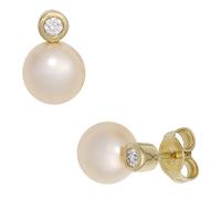 Paio di Orecchini Con Perle D'Acqua Dolce & 2 Brillanti 585 Oro Giallo, Donna
