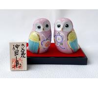 Paio Fukuro Kutani Yaki Porcellana Giapponese Gufo Rosa Mori Arte 0.8m Giappone
