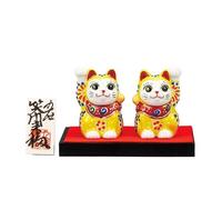Paio Maneki Neko Kutani Oggetto Giapponese Lucky Cat Giallo Mori Arte Giappone 3