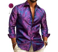 Paisley, camicia da uomo per il tempo libero, con bottoni, a maniche lunghe, in jacquard, per affari, per matrimonio, con motivo lucido, slim fit, a maniche lunghe, Viola scuro, M