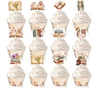Pajean 60 topper e pirottini per cupcake, a tema libro vintage, topper per torte, decorazione per torte di compleanno, per leggere storie di biblioteca, forniture per baby shower