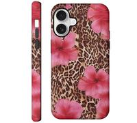 Pajony Custodie per iPhone 16 Plus, resistente ai graffi, ibrida a 2 strati, antiurto, custodia lucida - leopardo rosa ibisco tropicale floreale