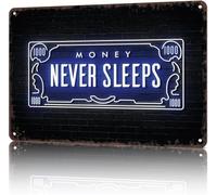 PAJPXPCD Inspirational Metal Sign Money Never Sleeps Decor 8 X 12 in