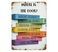 PAJPXPCD Rustic Metal Tin Sign Where Is The Cook Kitchen Status Chef Humor Wall-Art Retro Cooking Baking Quote Plaque for Dining Room 8 X 12 inch
