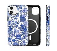 PAKESI Custodia magnetica per iPhone 16, custodia vintage blu libroglico floreale compatibile con MagSafe, opaca antiurto sottile TPU e custodia protettiva rigida in PC, regalo per gli amanti dei
