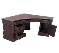 PALAZZO INT Scrivania angolare storica ufficio capo - stile coloniale inglese in mogano massello con inserto in similpelle 6 cassetti e 2 ante 149 cm × 149 cm × 75 cm H mar412A