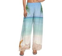 Palazzo - Pantaloni da donna comodi pantaloni larghi a gamba larga da donna, motivo stella marina sulla spiaggia, pantaloni casual per il riposo, stile-11, M