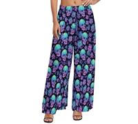 Palazzo - Pantaloni da donna comodi pantaloni larghi a gamba larga, pantaloni casual con motivo teschio e margherite sfumate, Stile-16, S