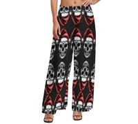 Palazzo - Pantaloni da donna con testa di morte, cappello da Babbo Natale, pantaloni larghi a gamba larga, pantaloni comodi e casual, Stile-41, M