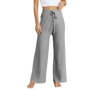 Palazzo, pantaloni da donna per il tempo libero, a vita alta, larga, a maglia, in tinta unita, elasticizzati, morbidi, comodi, da yoga, per la casa, elasticizzati, in vita casual, con coulisse e
