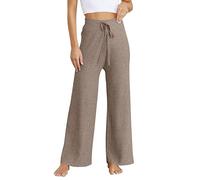 Palazzo, pantaloni da donna per il tempo libero, a vita alta, larga, a maglia, in tinta unita, elasticizzati, morbidi, comodi, da yoga, per la casa, elasticizzati, in vita casual, con coulisse e