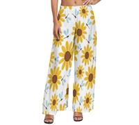Palazzo - Pantaloni larghi da donna, a gamba larga, con girasoli e margherite, comodi e casual, Stile-2, S