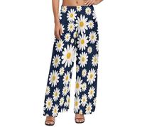Palazzo - Pantaloni larghi da donna con gamba larga e comodi con motivo floreale margherita, Stile 16, XXL