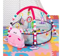 BAKAJI Palestrina Neonato Multifunzione Maialino 4 in 1, Box Tappetino Recintato con Palline Colorate e Giocattoli Pendenti, Tappeto Imbottito con Morbido Tessuto per Bambini e Rete Removibile