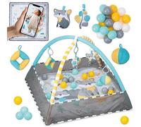 Palestrina neonati MoMi LAMMIS per bambini dalla nascita, set 4 in 1: tappetino stampa digitale con bordo, piscina con 18 palline, 5 giocattoli, larg. 79 x lung. 79 x alt. 87 cm, peso 0,6 kg.