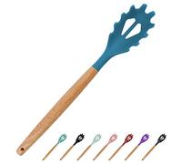 Paletta per pasta in silicone blu scuro con manico in legno, set di cucchiaio e forchetta per tagliatelle da 30 cm, senza BPA