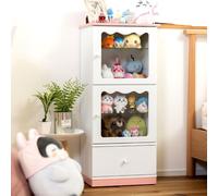 パレットライフ PaletteLife - Vetrina a 3 ripiani con ante in vetro, colore rosa e bianco, ripiano regolabile per personaggi, peluche e oggetti da collezione, antipolvere, cassetto, rotelle
