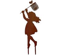 Paletto da giardino con silhouette di fata vintage, scultura da giardino in metallo di una farfalla che insegue, decorazione rustica per prato (ragazza)