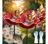 Paletto da giardino in metallo a forma di fiore, abbeveratoio per uccelli resistente alle intemperie e stazione per impollinatori con tappo di terra per giardino, prato e patio (3pc)