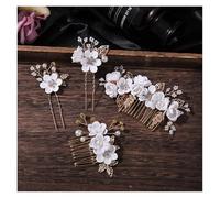 Palillos Para El Pelo Set di 4 pettini for capelli con fiori di cristallo e forcine for capelli, con perle e strass, set di gioielli da sposa, accessori for nozze(White)