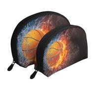 Palla da basket su fuoco e acqua, Borsa per trucco a conchiglia Portamonete da donna Borsa da toilette piccola Borsa per cosmetici 2 pezzi